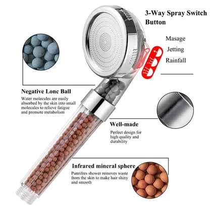 3 Functions High Pressure SPA Shower Head Water Saving Handheld Rainfall Bathroom Accessory Anion Filter Shower