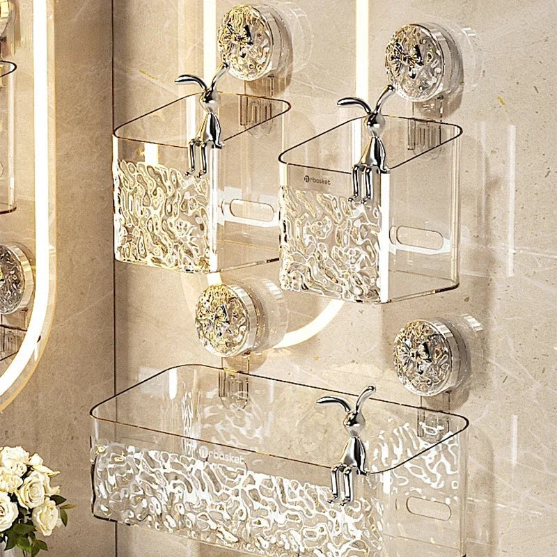 Shower Suction Cup Shelf Basket Light Glacier Pattern One Second Installation Bathroom Organizer Storage Rotating to Suck Remove