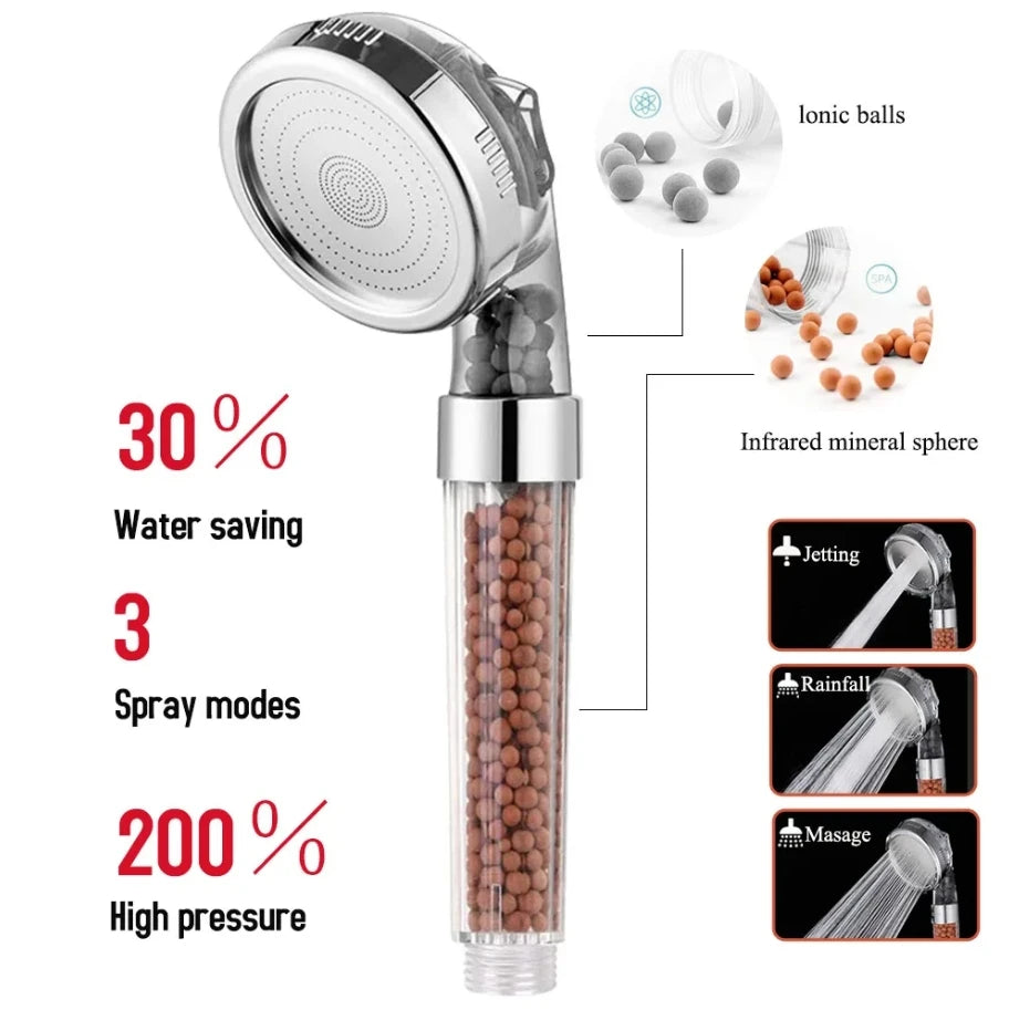 3 Functions High Pressure SPA Shower Head Water Saving Handheld Rainfall Bathroom Accessory Anion Filter Shower
