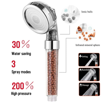 3 Functions High Pressure SPA Shower Head Water Saving Handheld Rainfall Bathroom Accessory Anion Filter Shower