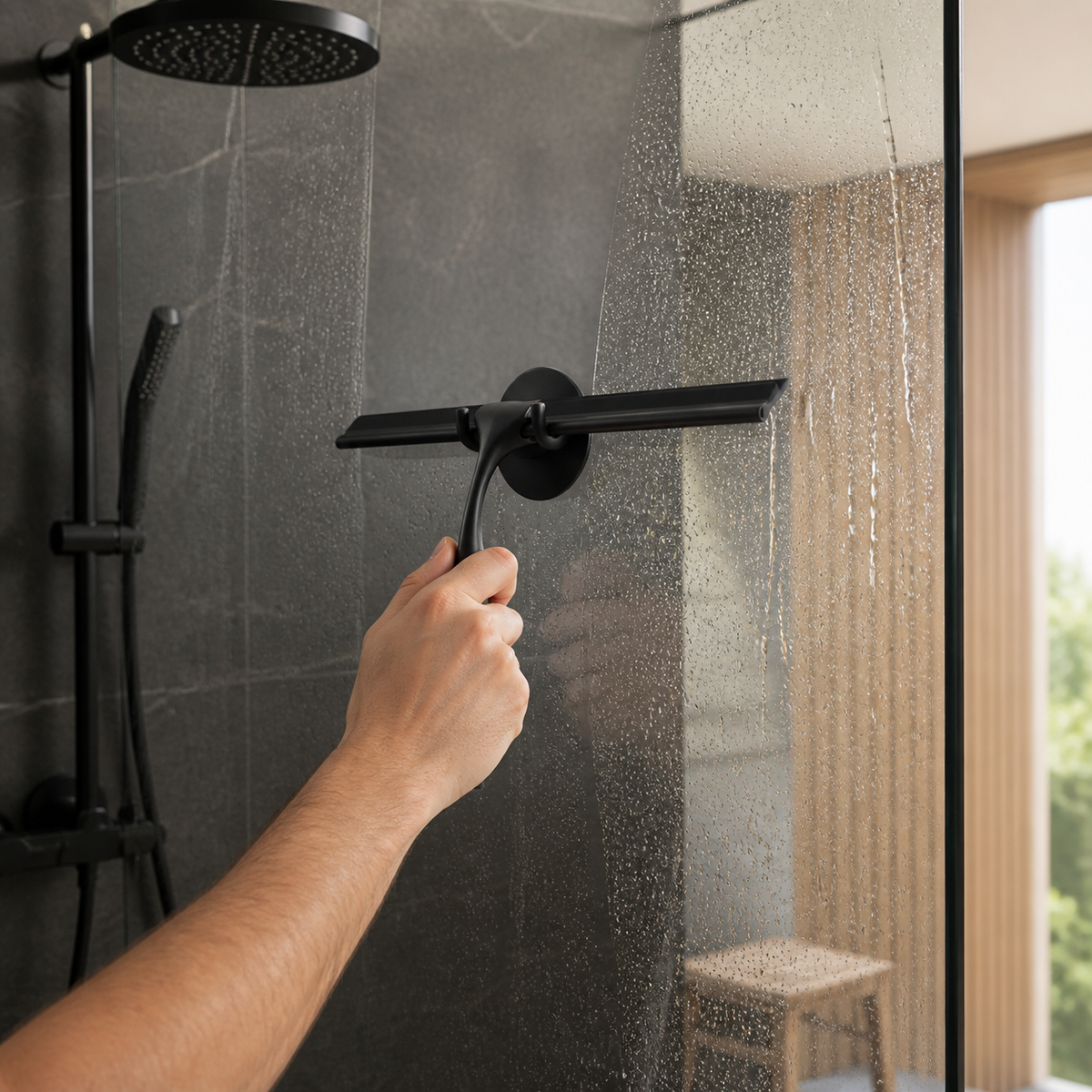 Raclette de douche noire Brumeo utilisée sur une paroi vitrée mouillée
