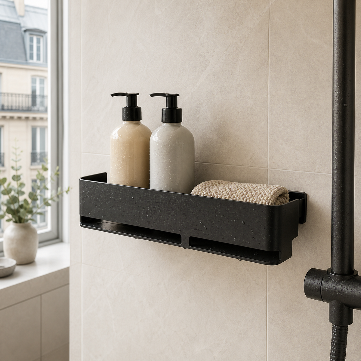 Étagère de douche noire sans perçage en situation réelle