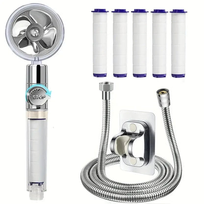 360° Rotating Turbine Fan Handheld Shower Head High Pressure Water Saving Spray Shower Filter Bathroom Accessories