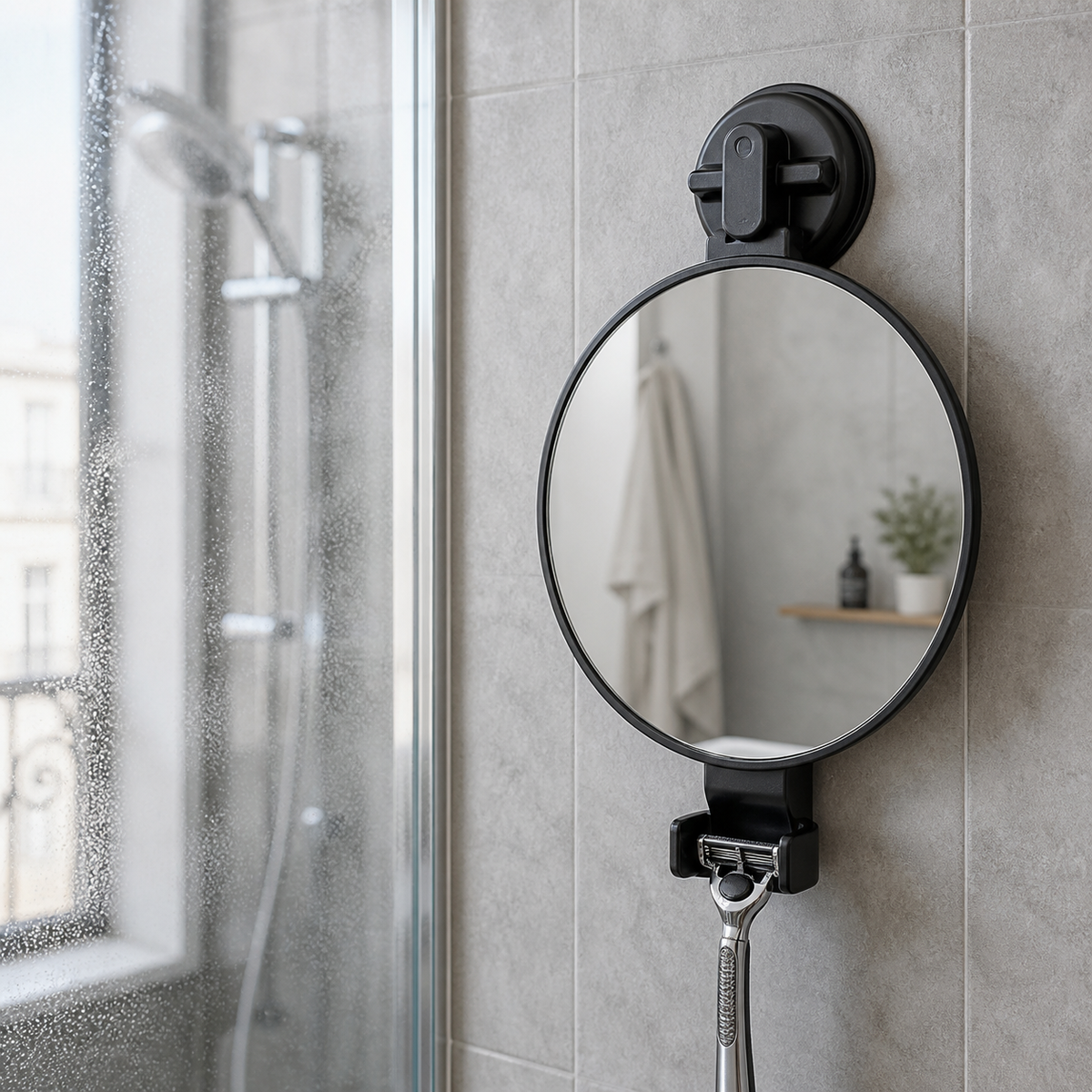 Miroir de douche anti-buée à ventouse en situation réelle